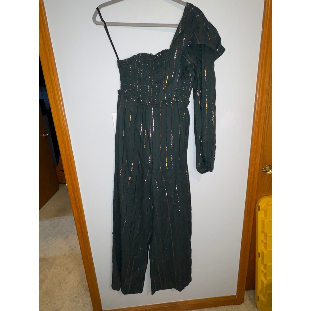 Farm Rio Anthropologie Green Metallic Striped One Shoulder Wide Leg Jumpsuit NEW - Picture 2 of 10